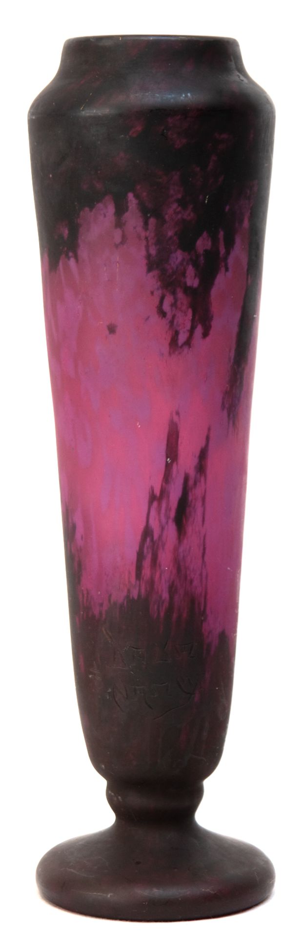 Vase, Daum Nancy, Marke 1904-1914, farbloses Überfanglas mit violetten und dunkelvioletten Einschm