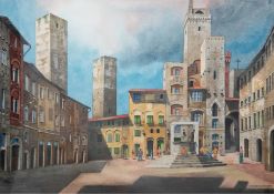 Hansen, Hartmut (1939-2021) "Der Domplatz (Piazza del Duomo) in San Gimignano", Gouache, sign. u.r.