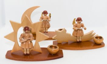 3 Weihnachtsfiguren aus dem Erzgebirge, Lichterengel, 1980er Jahre, Holz gebeizt, H. 6 - 8,5 cm, in