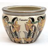 Übertopf, Keramik, mit floraler Bemalung im Jugendstil, signiert "G. Fieravino", H. 19,5 cm, Innen-
