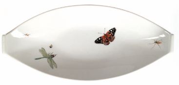 Meissen-Zierschale, Schiffchenform, polychrome Insektenmalerei, 1. Wahl, 7x35x16 cm
