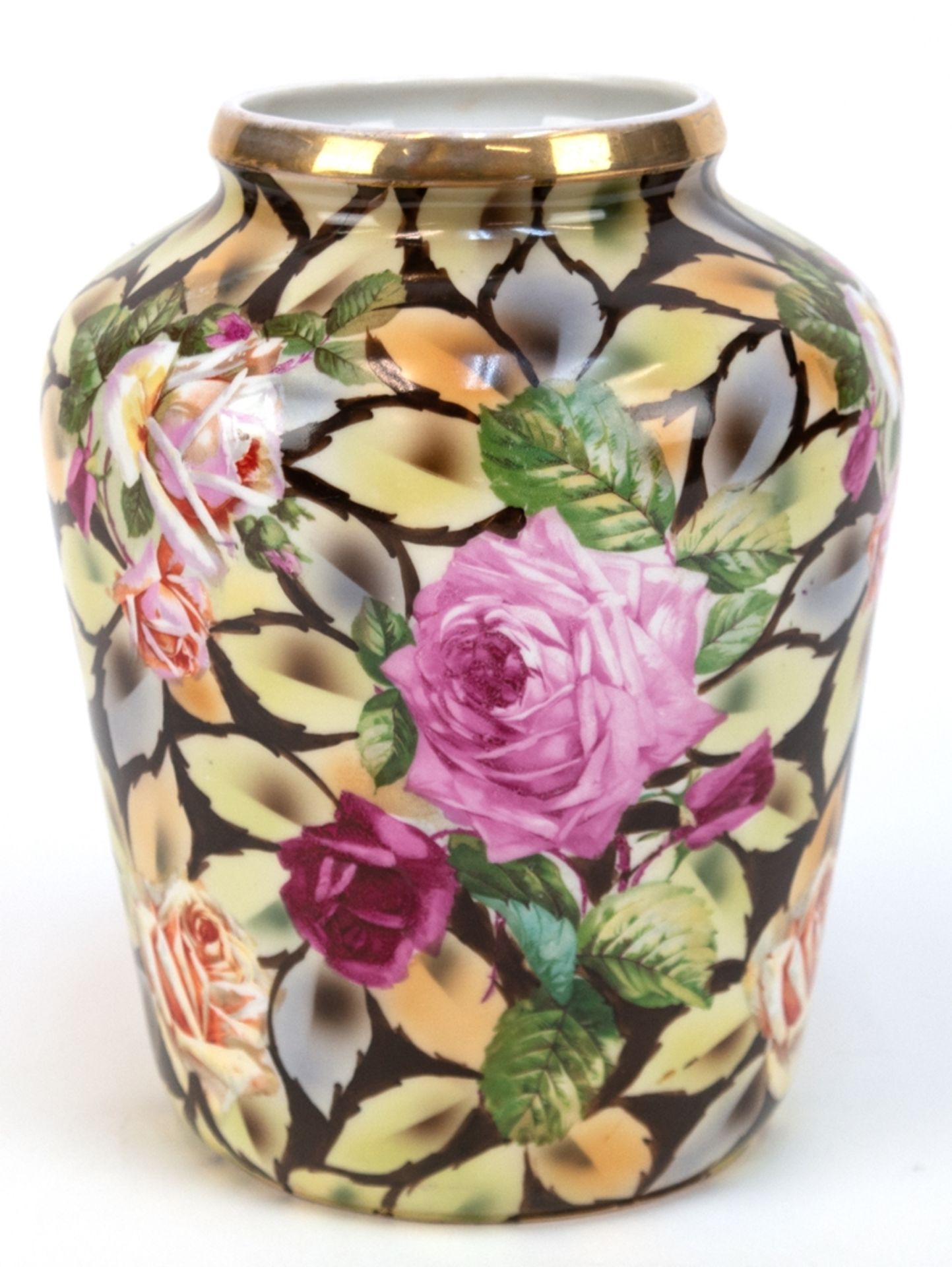 Jugendstil-Vase, Carl Thieme, Altwasser Schlesien, vollflächiger Rosendekor auf braunem Grund, ober