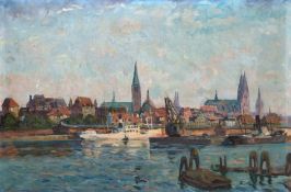 Schodde, Wilhelm (1883 Altona-1951 Lübeck)  "Blick auf Lübecker Altstadtinsel", Öl/Lw., sign. u.r.,