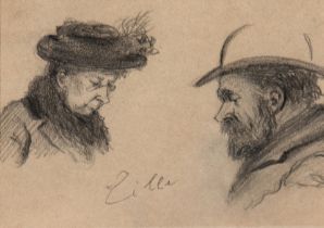 "Frau mit Hut und Mann mit Hut und Bart" Bleistiftzeichnung, mittig bez. "Zille", 10x12,5 cm, im Pa