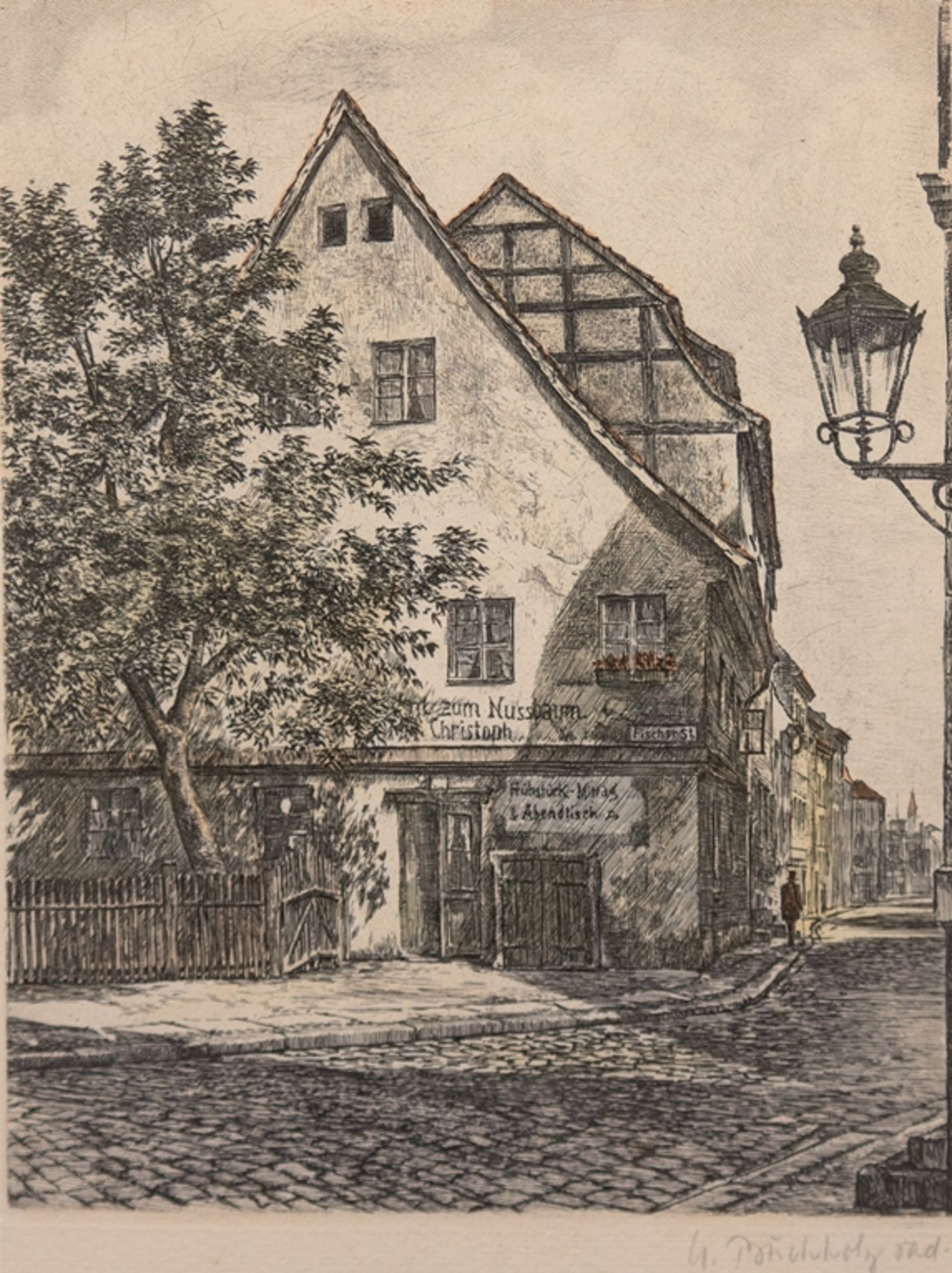 Buchholz, U. "Café zum Nussbaum im Berliner Nikolaiviertel", kolorierte Radierung, sign. u.r., 24,5