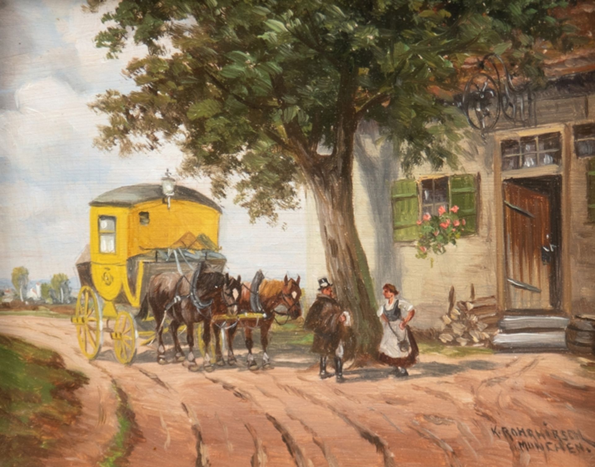 Rohrhirsch, Karl (1875 München-1954 Greding/Franken) "Postkutsche vor Bauernhaus", Öl/ Lw./ Holz, s - Bild 2 aus 2