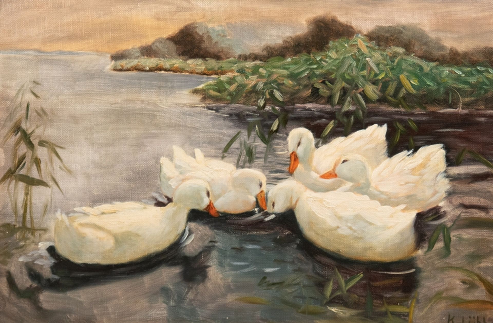 Lübbe, K. "Enten auf dem See", Öl/ Platte, sign. u.r., 32x49,5 cm, Rahmen