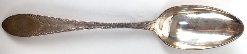 Großer Biedermeier-Vorlegelöffel, Silber, rücks. Widmungsgravur dat. 1811, Stiel mit Ornamentrand u