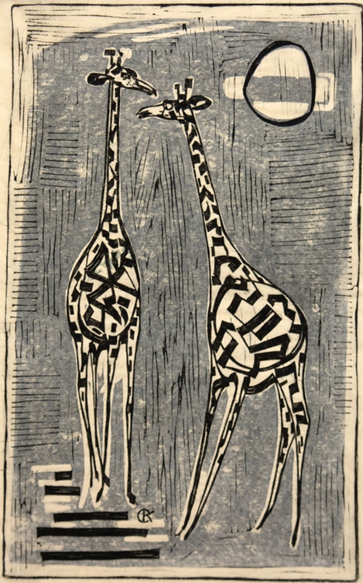 Monogrammist CK "Zwei Giraffen", Grafik, monogr. u.r.,  58x33 cm, im Passepartout