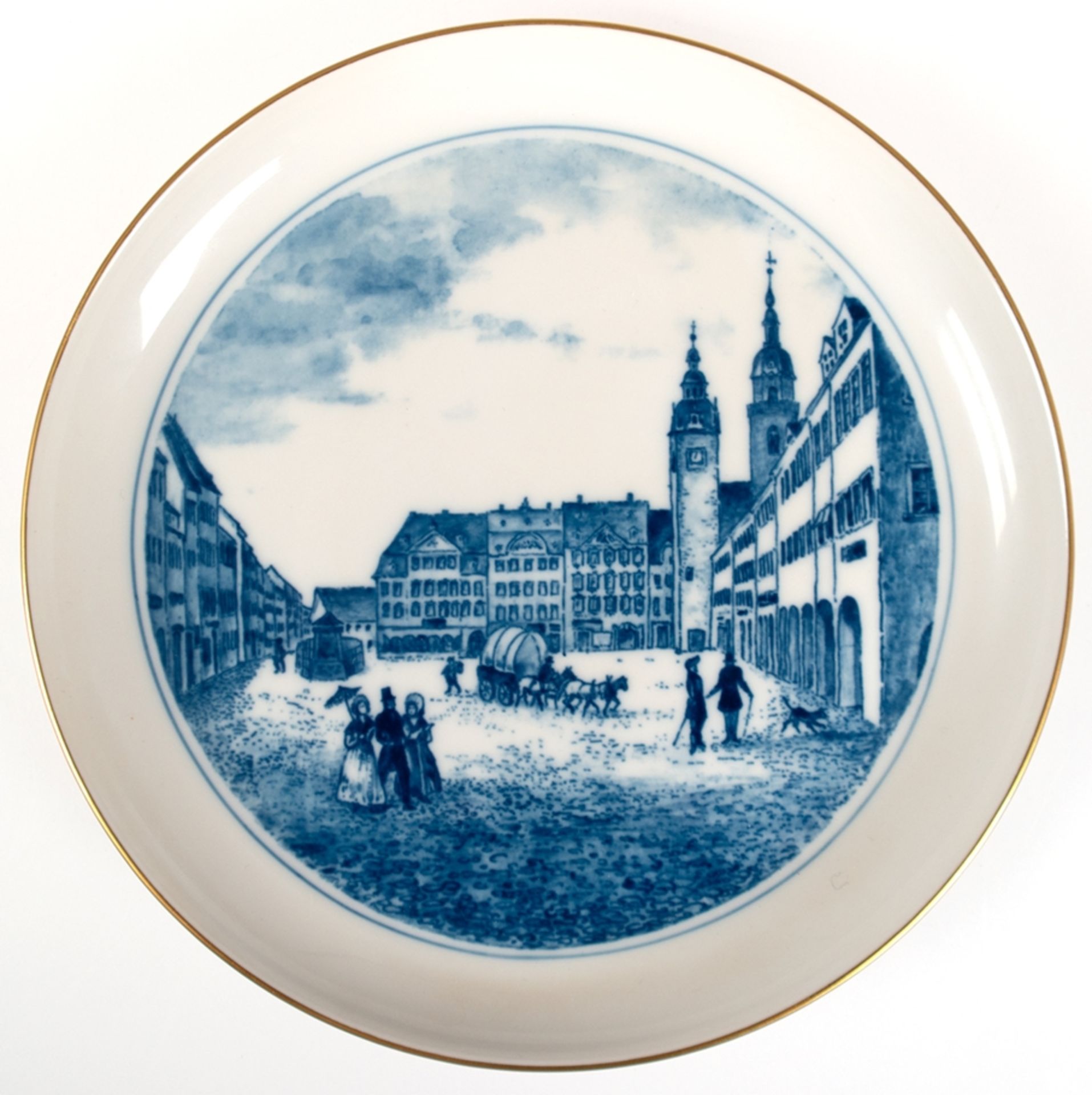 Meißen-Wandteller mit historischer Stadtansicht von Chemnitz, Aquatinta, Dm. 17,5 cm