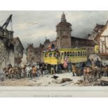 Motte, Ch. "Reisende vor Kutsche", Litho, mittig unten betitelt, 18,5x21 cm, im Passepartout hinter