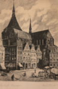 "Markt in Rostock", Radierung, undeutl. sign., 29x18 cm, hinter Glas und Rahmen