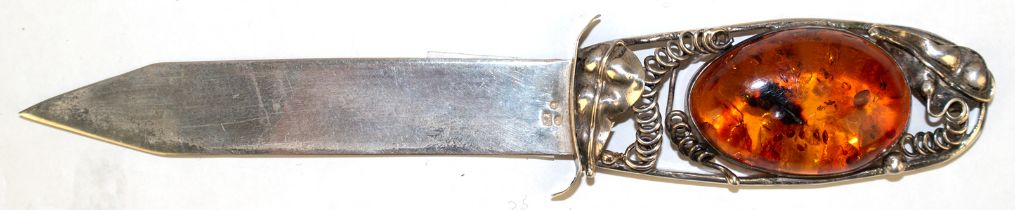 Brieföffner, 925er Silber und Bernstein, Juweliersarbeit, L. 16,3 cm