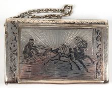 Tabakdose, Moskau 1894, 84 Zolot. Silber, Niellodekor, Deckel mit Pferdeschlittenszene, seitl. Stre