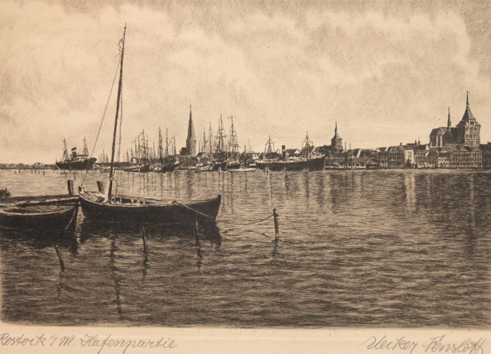 Uecker-Fensloff, Arthur (?-1934) "Rostock-Hafenpartie", Radierung, sign. u.r., 13x19 cm, hinter Gla