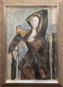 Maler des 20. Jh. "Frau mit Cape", Öl/ Lw., undeutl. sign. u.r. und dat. ´56, im oberen Bereich rep