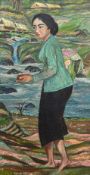 Asiatische Künstler, "Junge Frau in sommerlicher Landschaft", Öl/ Lw., bez. u.l.  und sign. "Djak",