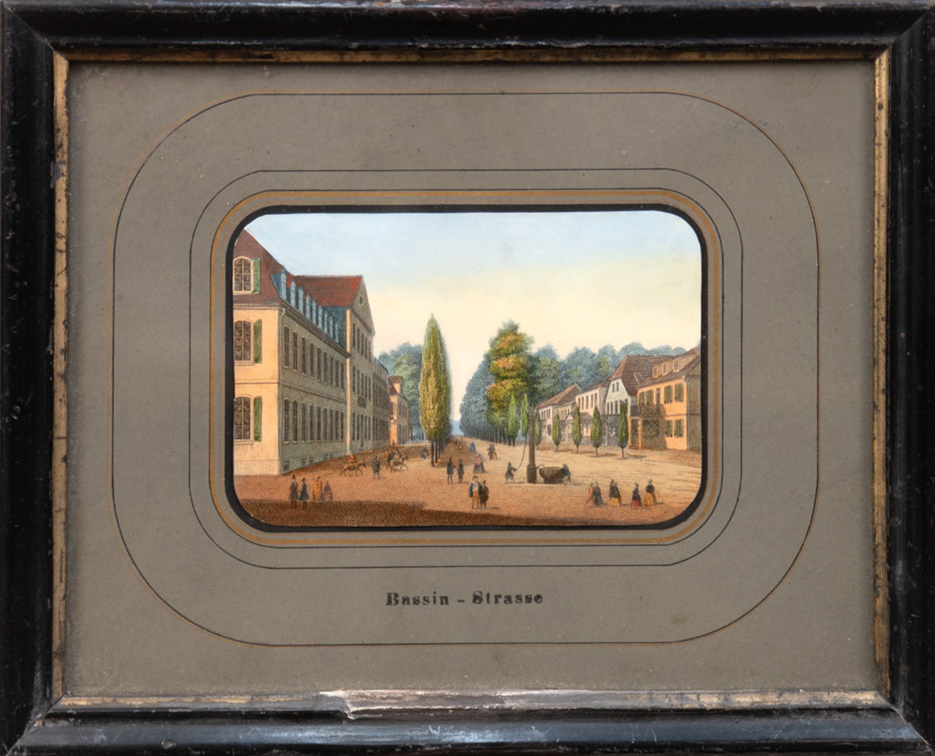 Biedermeier-Stich "Bassin-Strasse", um 1820, koloriert, 7,5x10,5 cm, hinter Glas und Rahmen