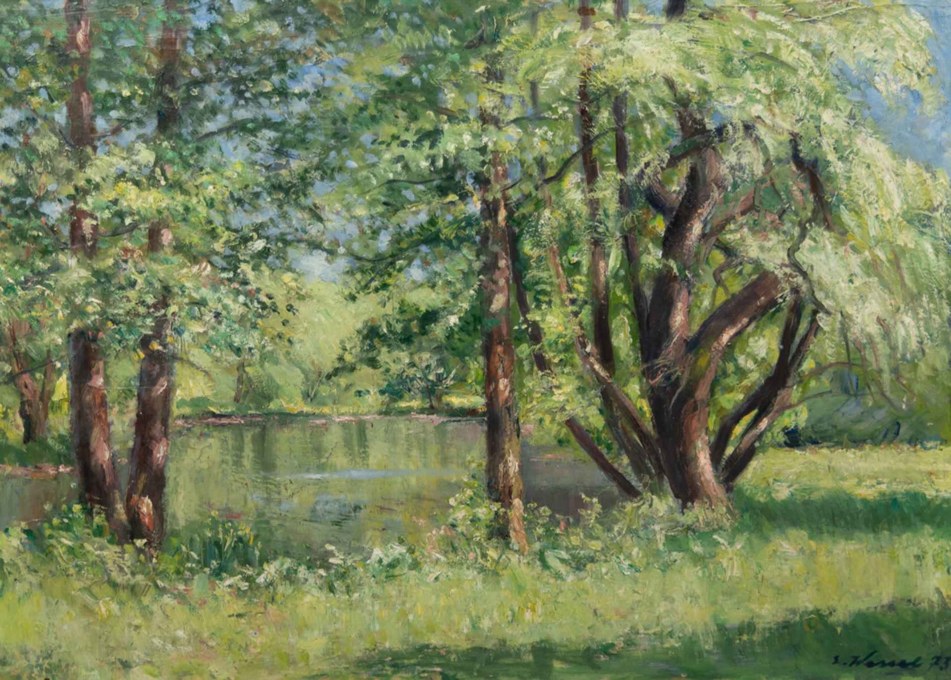 Wessel, Erich (1906 Hamburg-1985 ebenda) "Waldsee im Frühling", Öl/ Hartfaser, sign. u.r. und dat.