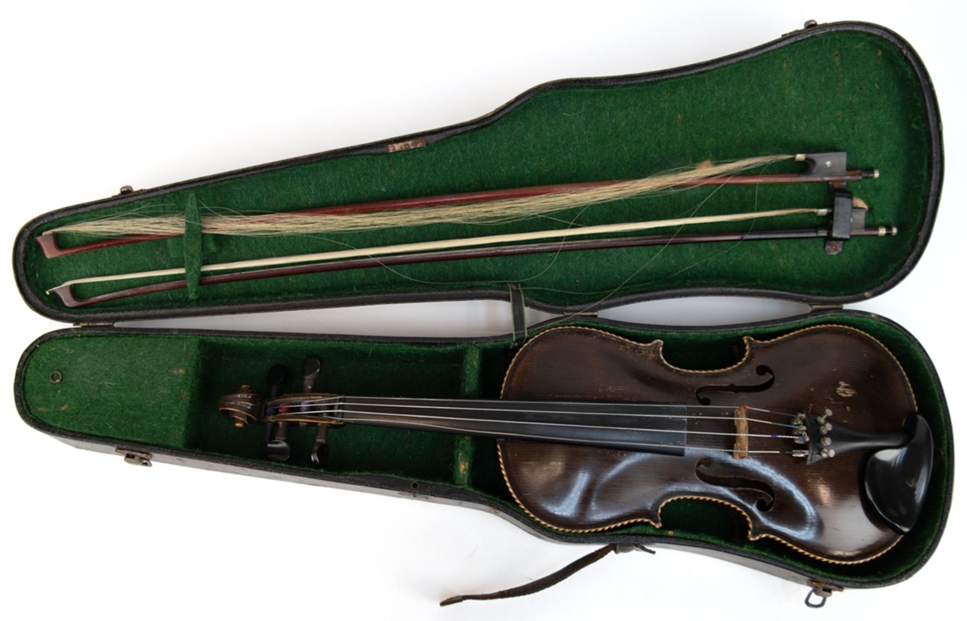 Violine im Kasten, um 1900,  mit 2 Bögen, Jacobus Stainer in Absam, prope Oenipontum 1721, Violinen