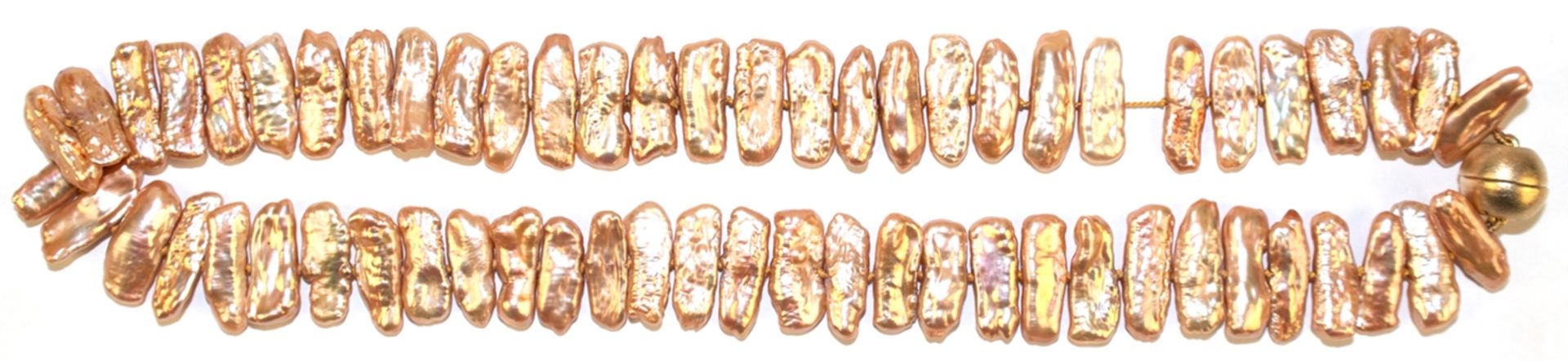 Collier, echte Biwa-Perlen, goldfarben, Magnetverschluss 925er Silber, vergoldet, Länge der Perlen