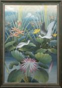 Asiatischer Künstler "Teichlandschaft mit Vögeln", Mischtechnik auf Leinen, sign. u.l. "Susila Bali