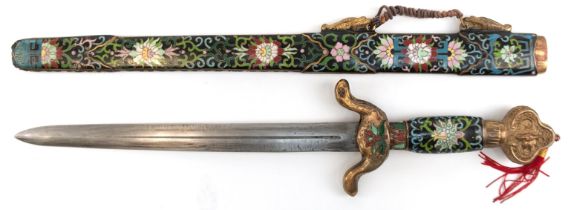 Cloisonné-Schwert, China, Scheide und Griff Messing farbig emailliert mit Blumen- und Ornamentdekor