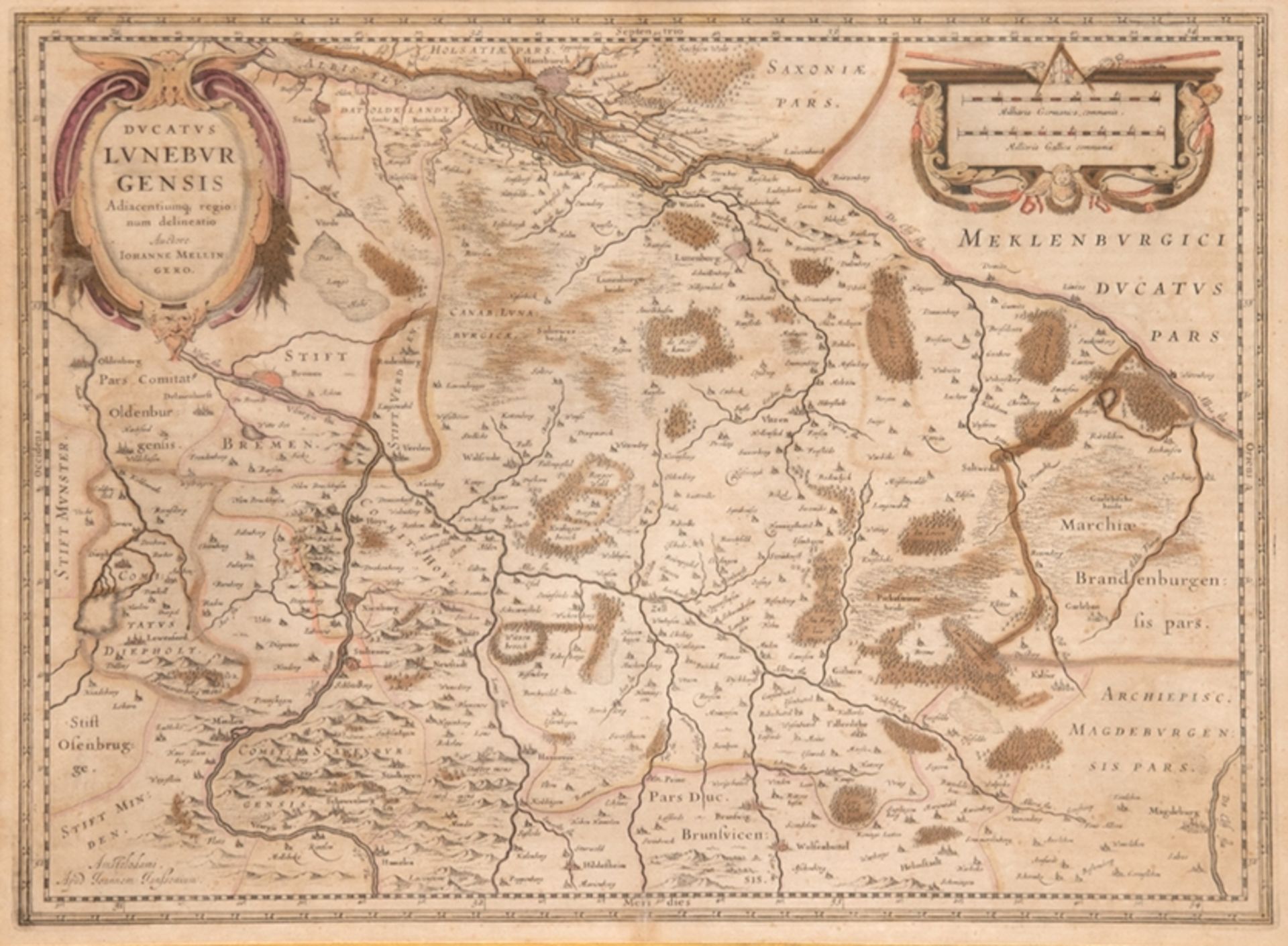 Karte "Ducatus Luneburgensis Adiacentiumq-Lüneburg", Kupferstich nach Johannes Mellinger, mit 2 Tit