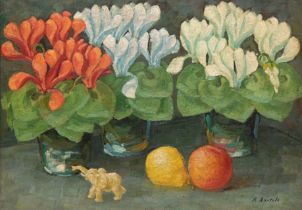 Bartels, Rudolf (1872 Schwaan-1943 Rostock) "Blumenstilleben mit Früchten und kleinem Elefanten", Ö
