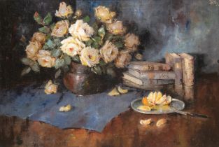 Fischer, Carl Holger (1885-1955, Dänischer Maler) "Blumenstilleben mit Rosenstrauß in Vase und Büch