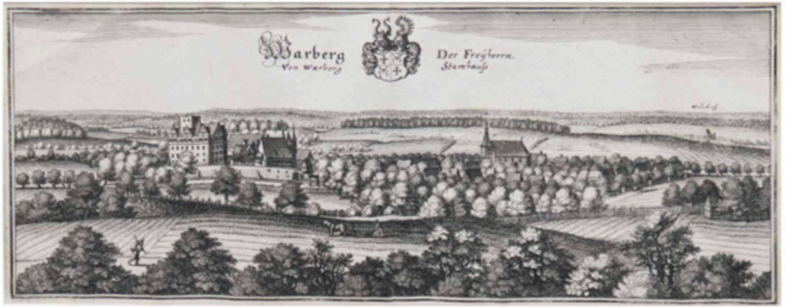 "Warberg - Der Freyherrn Stamhaus", Kupferstich, 19. Jh., Wappen und Titel m.o., Mittelbug, 15,5x36