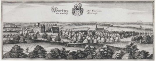 "Warberg - Der Freyherrn Stamhaus", Kupferstich, 19. Jh., Wappen und Titel m.o., Mittelbug, 15,5x36