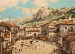 Pradilla-Gonzalez, Miguel (1884 Rom-1965 Madrid) "Stierkampf auf einem spanischen Marktplatz", Öl/H