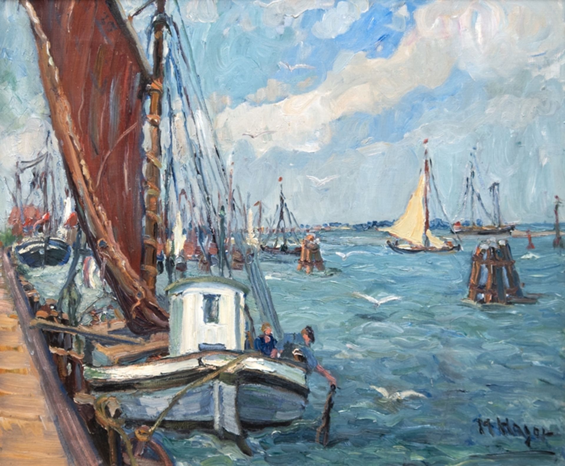 Hager, Marie (1872 Penzlin-1947 Stargard) "Stralsund-Sicht vom Anleger auf dem Dänholm", Öl/ Lw., s