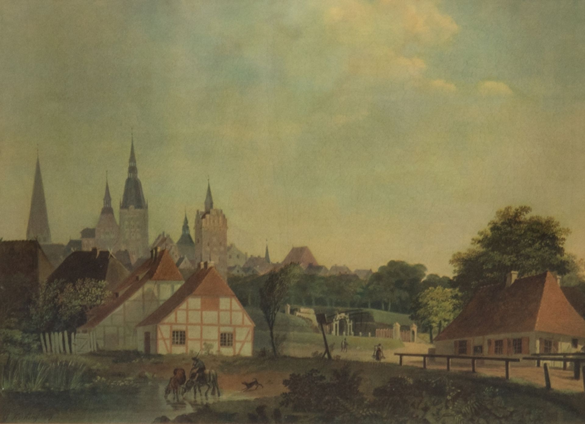 "Rostock vom Westen 1809", Druck, 20x28 cm, im Passepartout hinter Glas und Rahmen