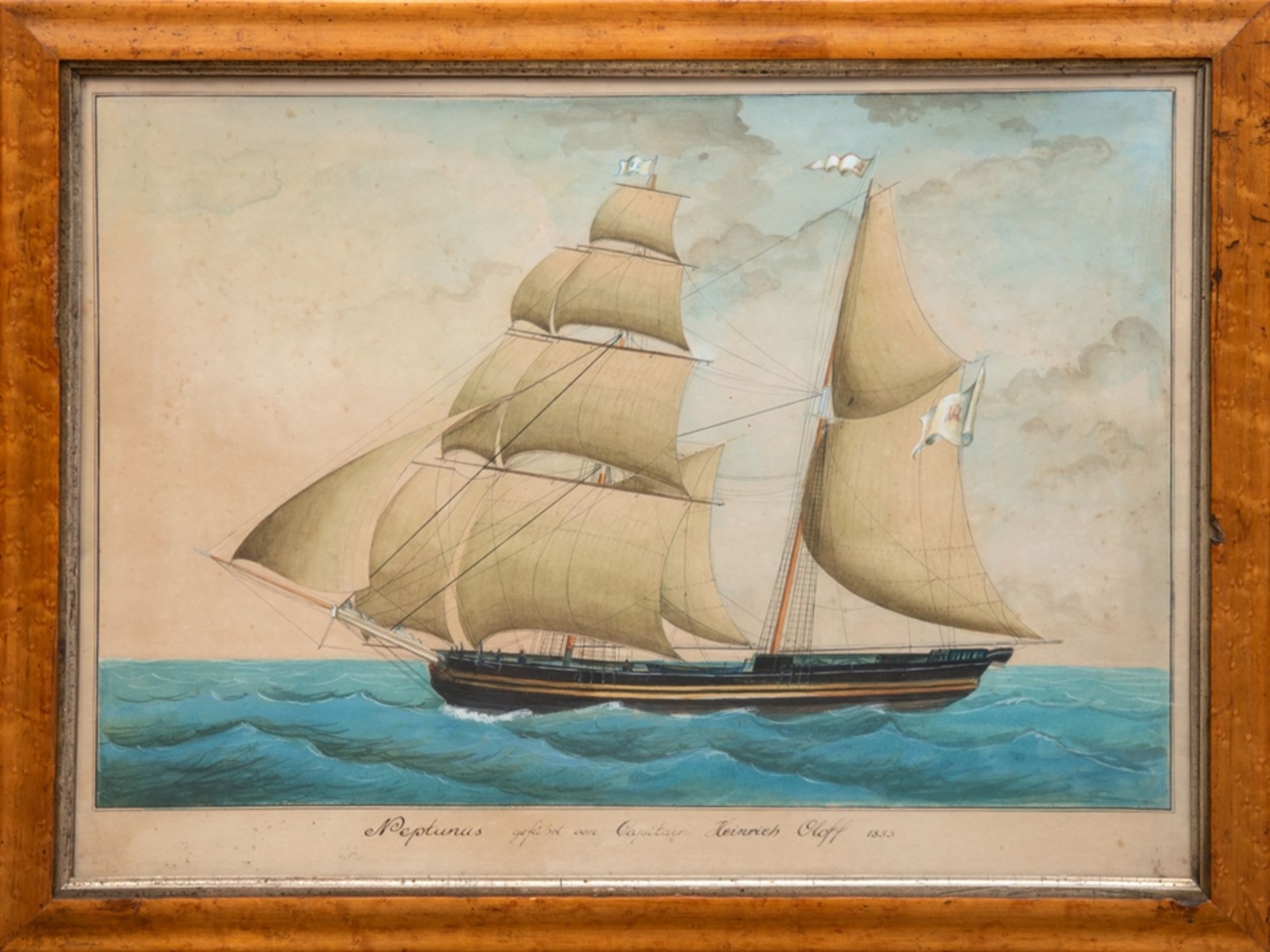 Kapitänsbild "Neptunus geführt von Capitain Heinrich Oloff 1833", Aquarell, unsign., mittig betitel