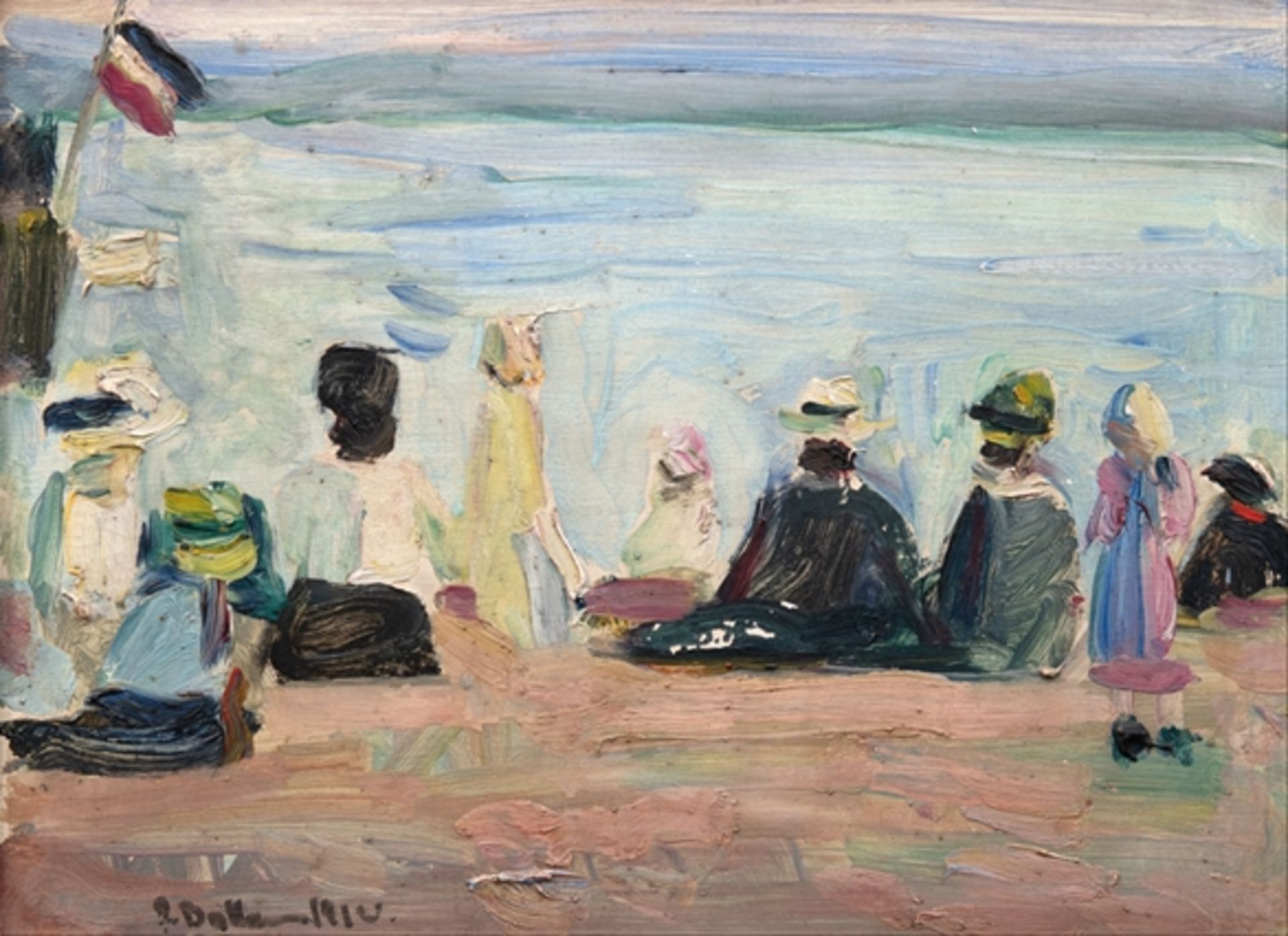 Maler um 1920 "Strandansicht mit Personen", Öl/  Karton, undeutl. sign. u.l., 23,5x32 cm, Rahmen