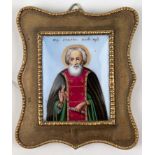 Kleines Heiligenbild, Öl/Porzellan, Rußland 19. Jh., im geschweiften Messingrahmen, ges. 6x5 cm