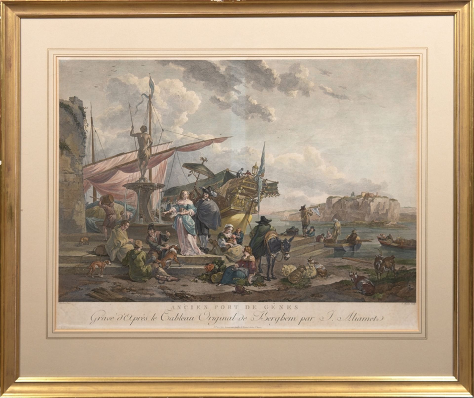 Alimet, Jaques (1726 Abbeville-1788 Paris) "Ancien Port de Genes", kolorierter Stich, 50x64 cm, im 