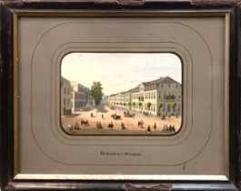 Biedermeier-Stich "Brunnen-Strasse", um 1820, koloriert, 7,5x10,5 cm, hinter Glas und Rahmen