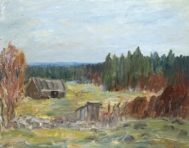 Dänischer Maler 20 Jh. "Waldhütte", Öl/ Lw., undeutl. sign. u.r., Farbverluste am linken Rand und