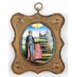 Kleines Heiligenbild, Öl auf ovaler Porzellanplakette, Rußland 19. Jh., im geschweiften Metallrahme