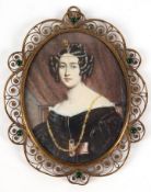 Miniatur, 19. Jh., "Porträt einer jungen Dame mit Lockenfrisur", Ölmalerei, signiert "Gatour",