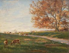 Lassen, Aksel Martin (1869-1946, Dänischer Maler) "Rotwild in Landschaft", Öl/ Lw., sign. u.r. und 