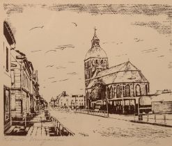 Hinz, W. "Stadtansicht Ribnitz Damgarten", Grafik, sign. u.r., und bez. u.l., 20x26 cm, hinter Gla