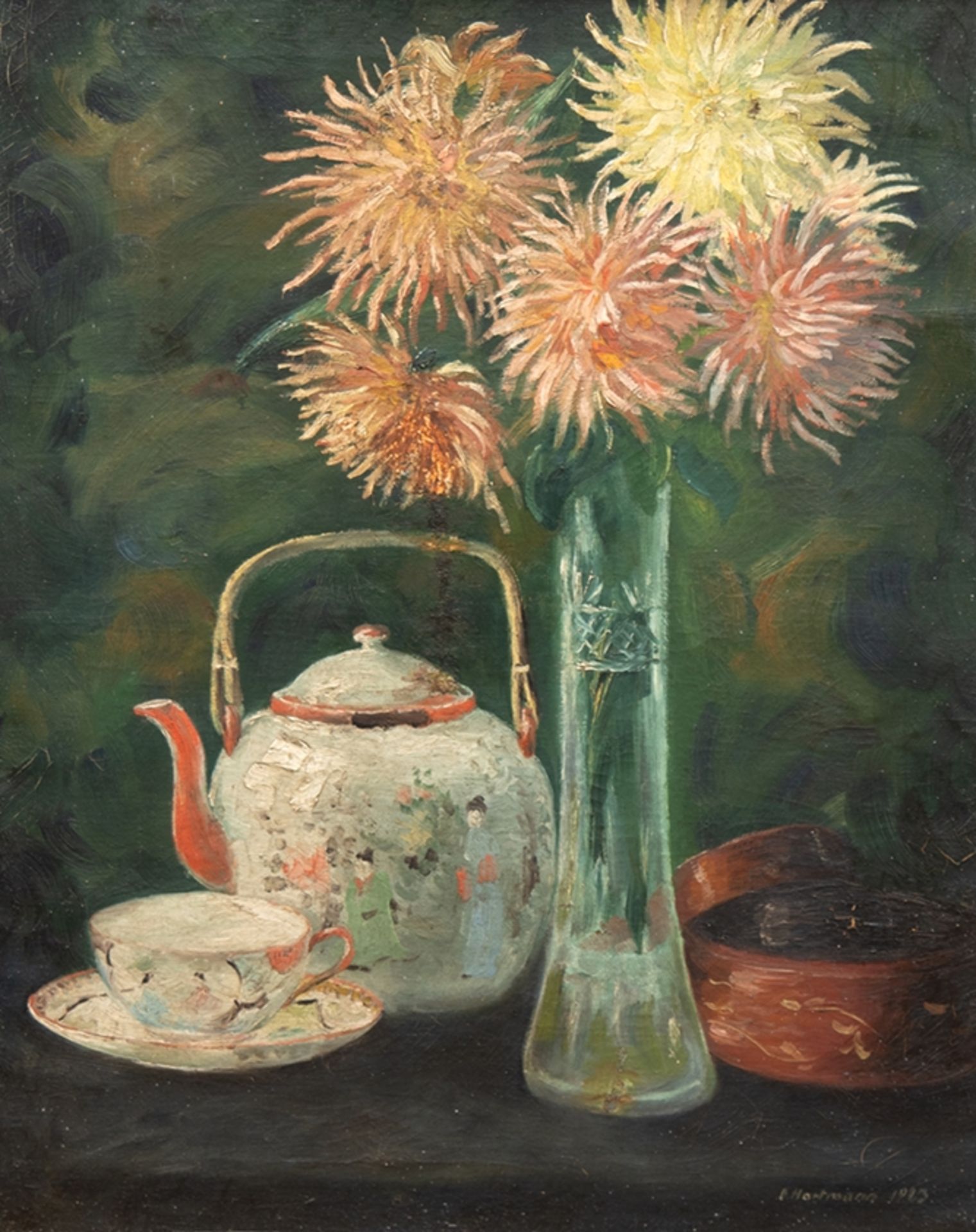 Hartmann, Paul (1890 Leipzig-1958)  "Stilleben mit Blumenstrauß in Vase, Teekanne und Gebäck", Öl/ 