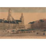 Guckkastenbild "Vue de la place de L'hotel de Ville et du phare à Calais", kolorierter Kuferstich, 