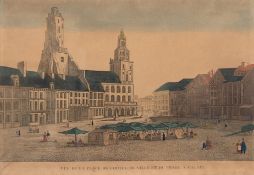 Guckkastenbild "Vue de la place de L'hotel de Ville et du phare à Calais", kolorierter Kuferstich, 