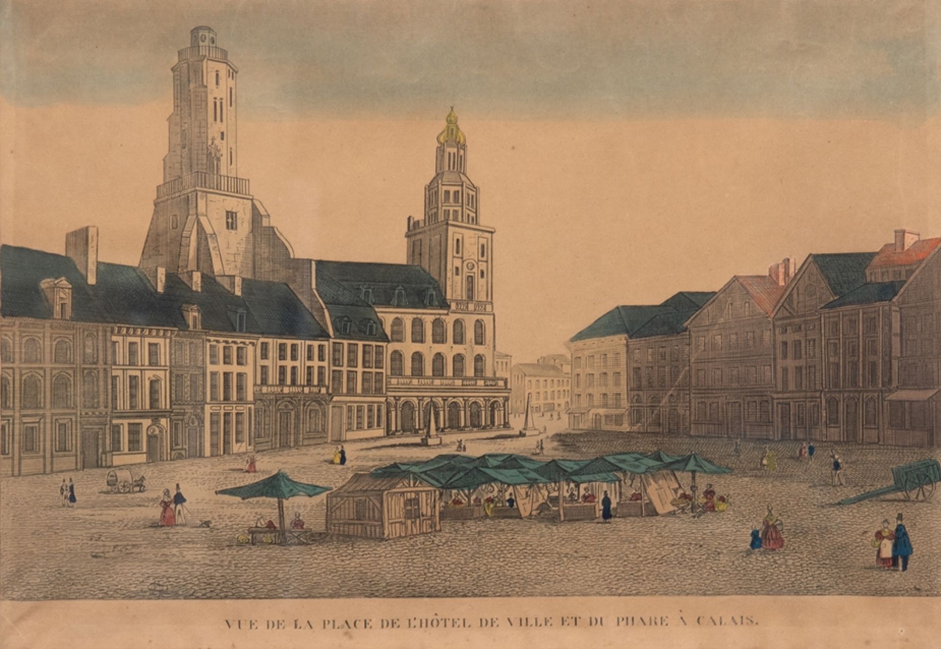 Guckkastenbild "Vue de la place de L'hotel de Ville et du phare à Calais", kolorierter Kuferstich,