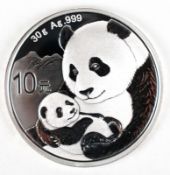 1 Unze Silber, China, Pandabär, polierte Platte, dat. 2019, 30 g 999er Silber